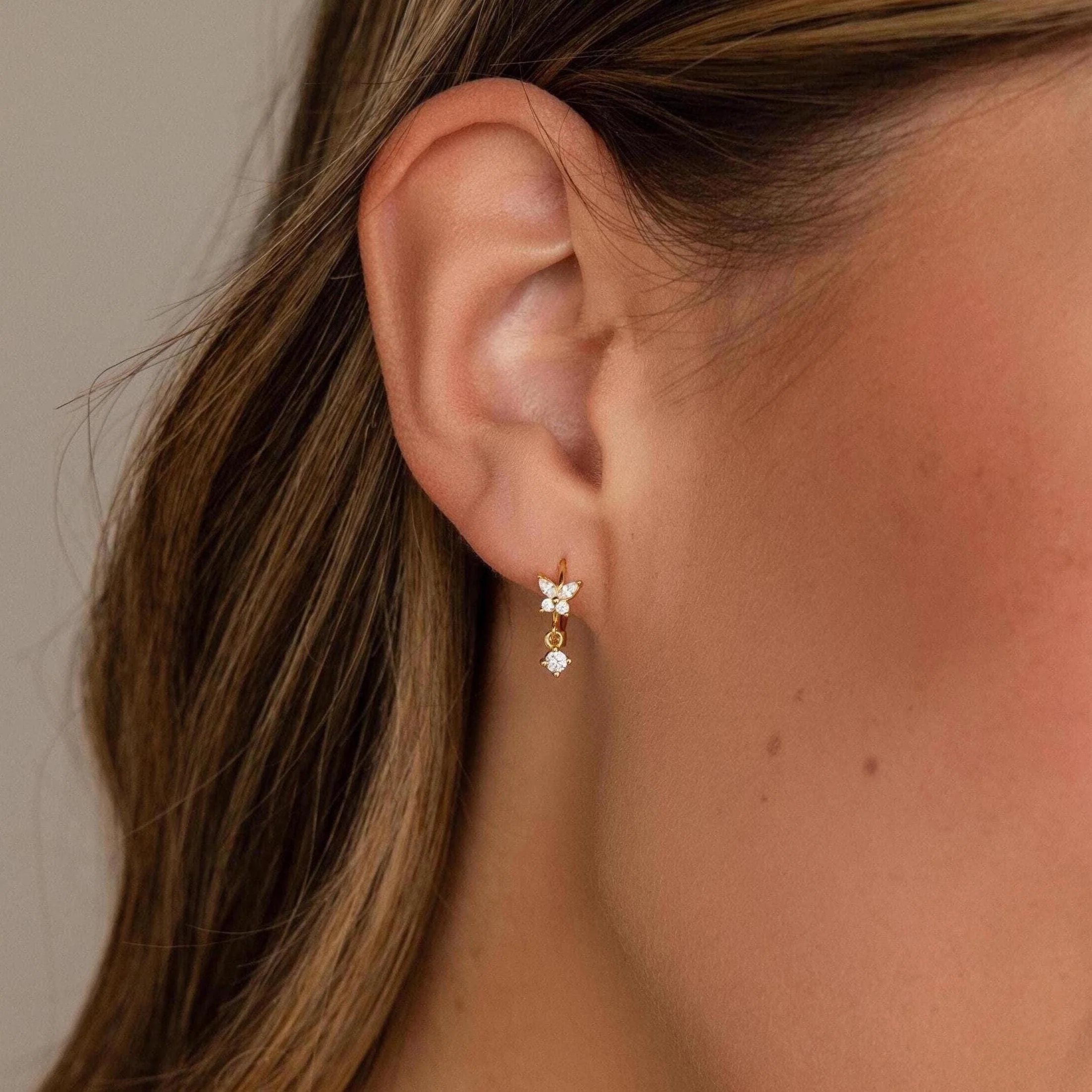 Butterfly Drop Huggies in 18K Gold - Image 2