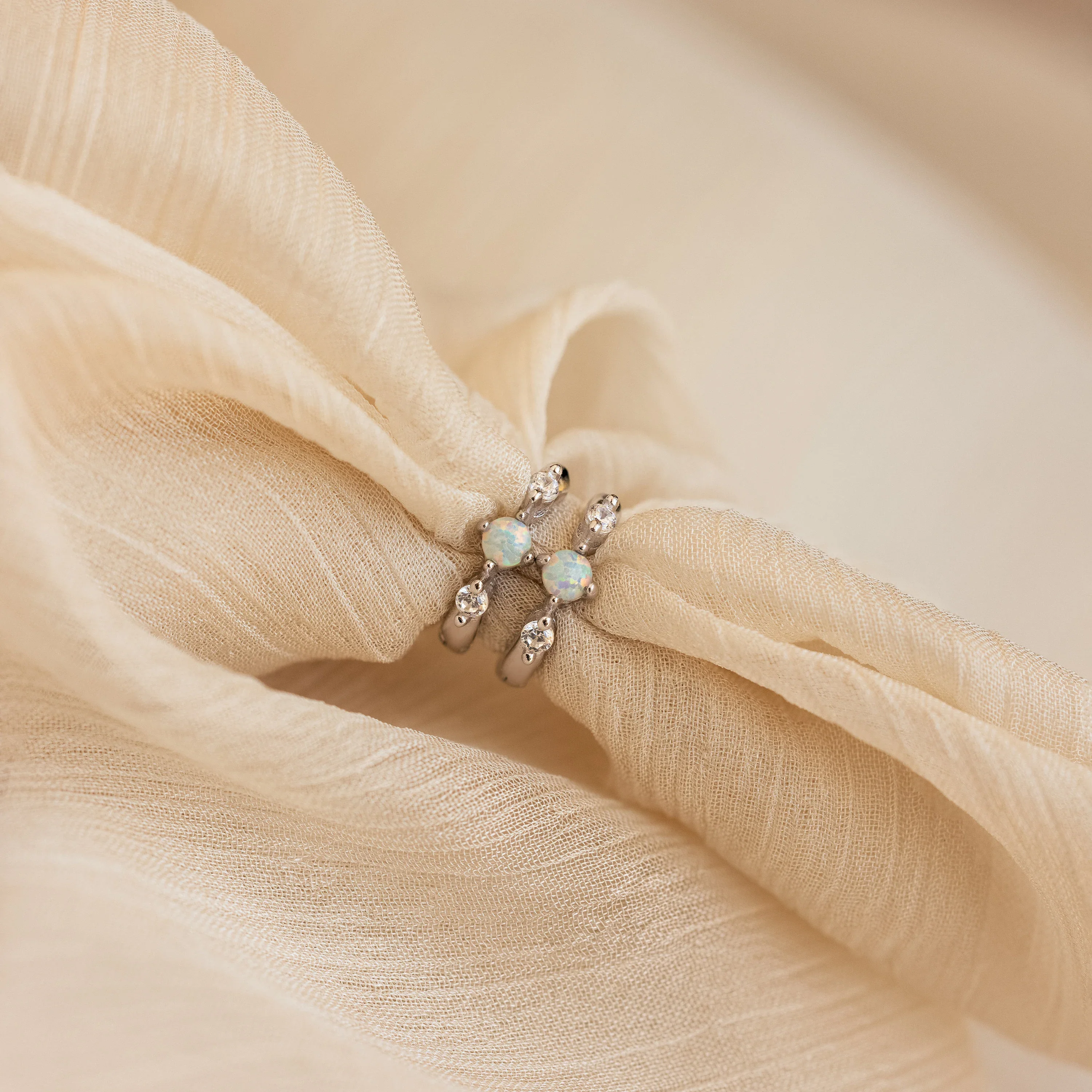 Dainty Opal Diamond Huggies in Silver