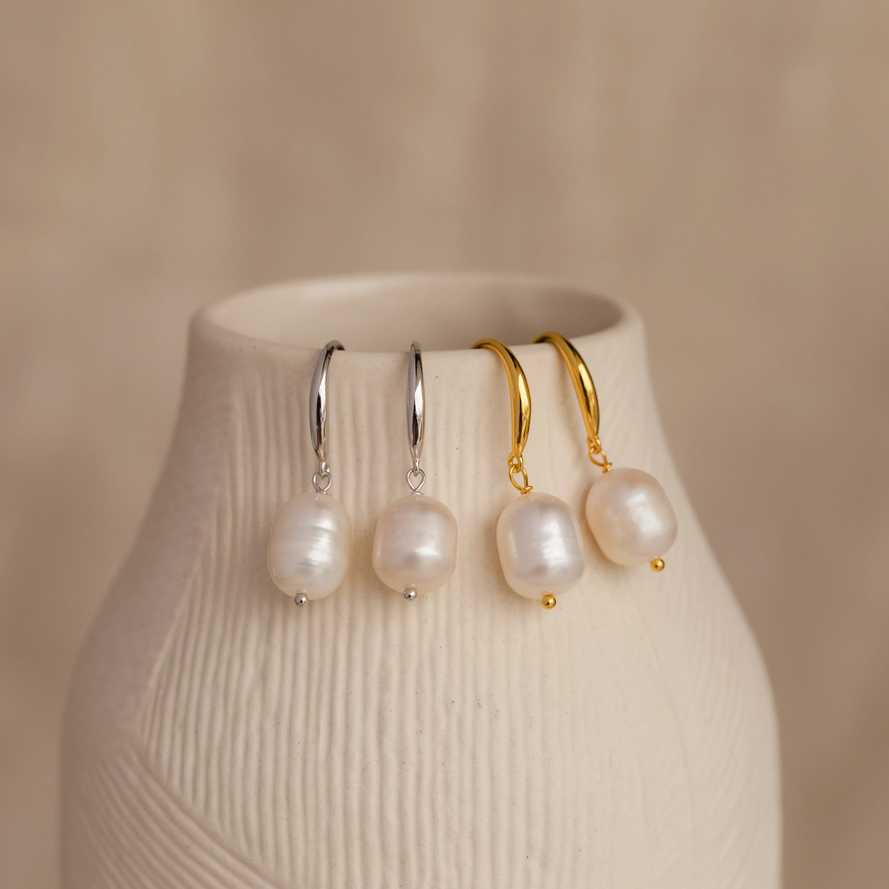 Dangling Pearl Drop Earrings in 18K Gold - Image 3