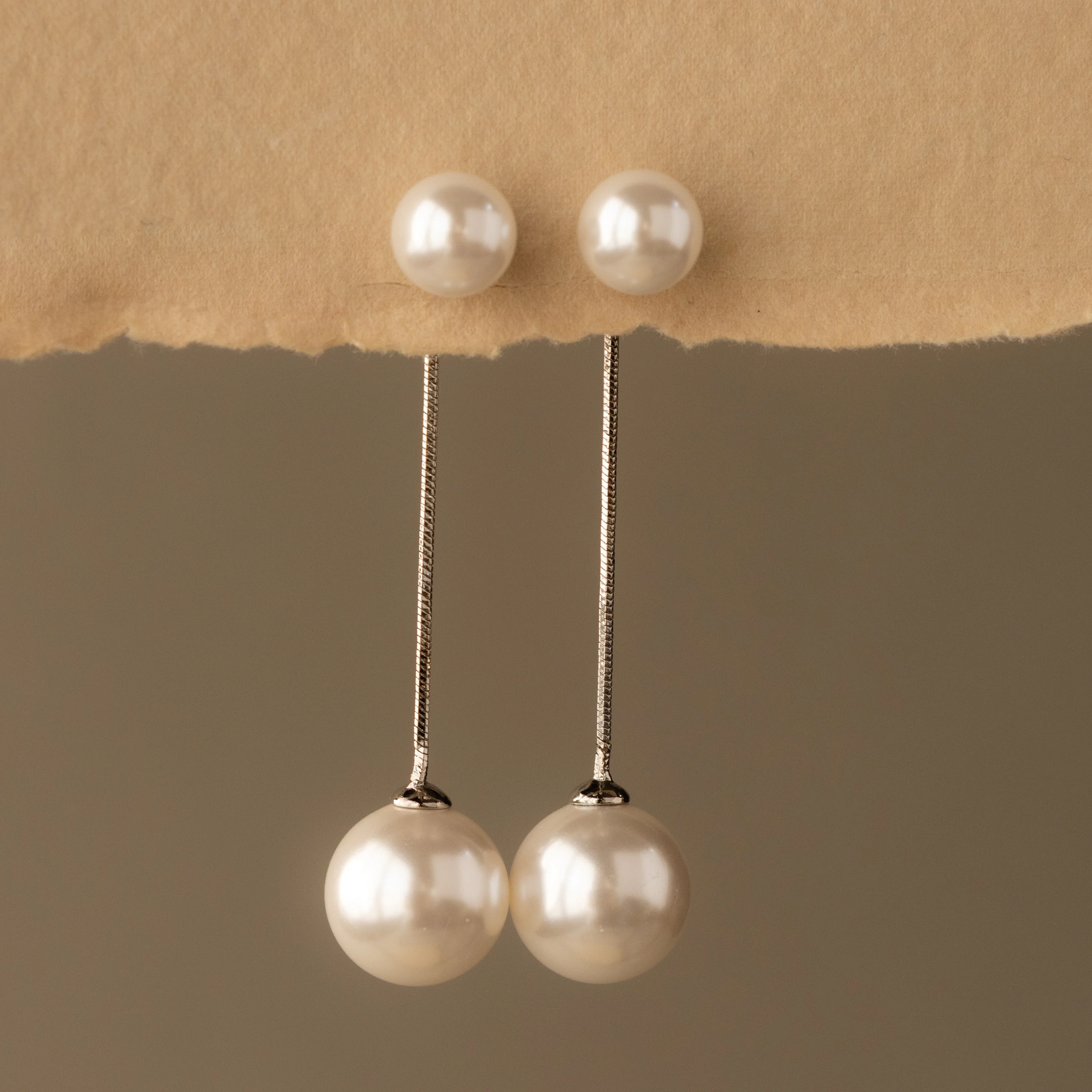 Duo Pearl Drop Chain Studs in Silver