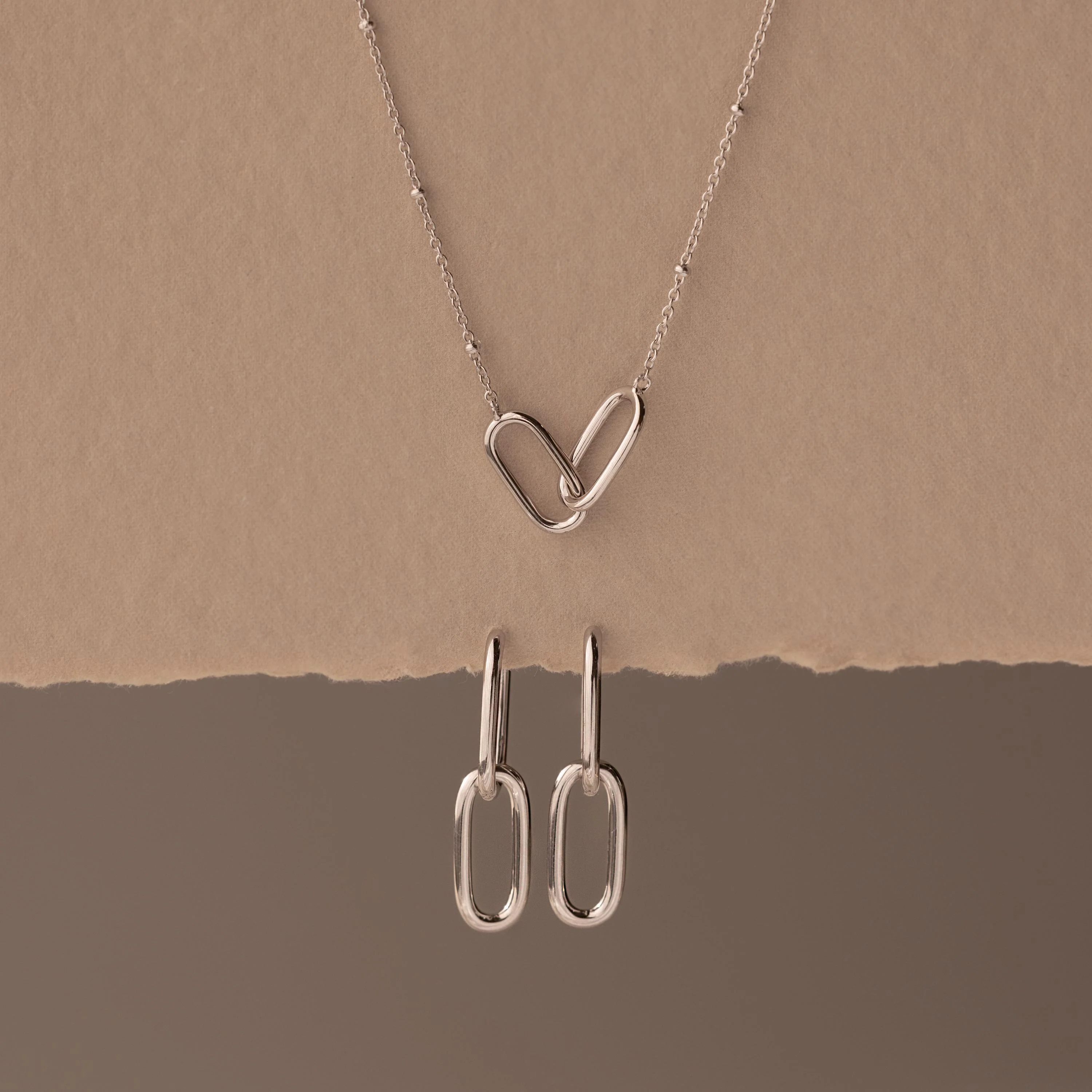 Linked Charm Necklace and Earrings Set in Silver