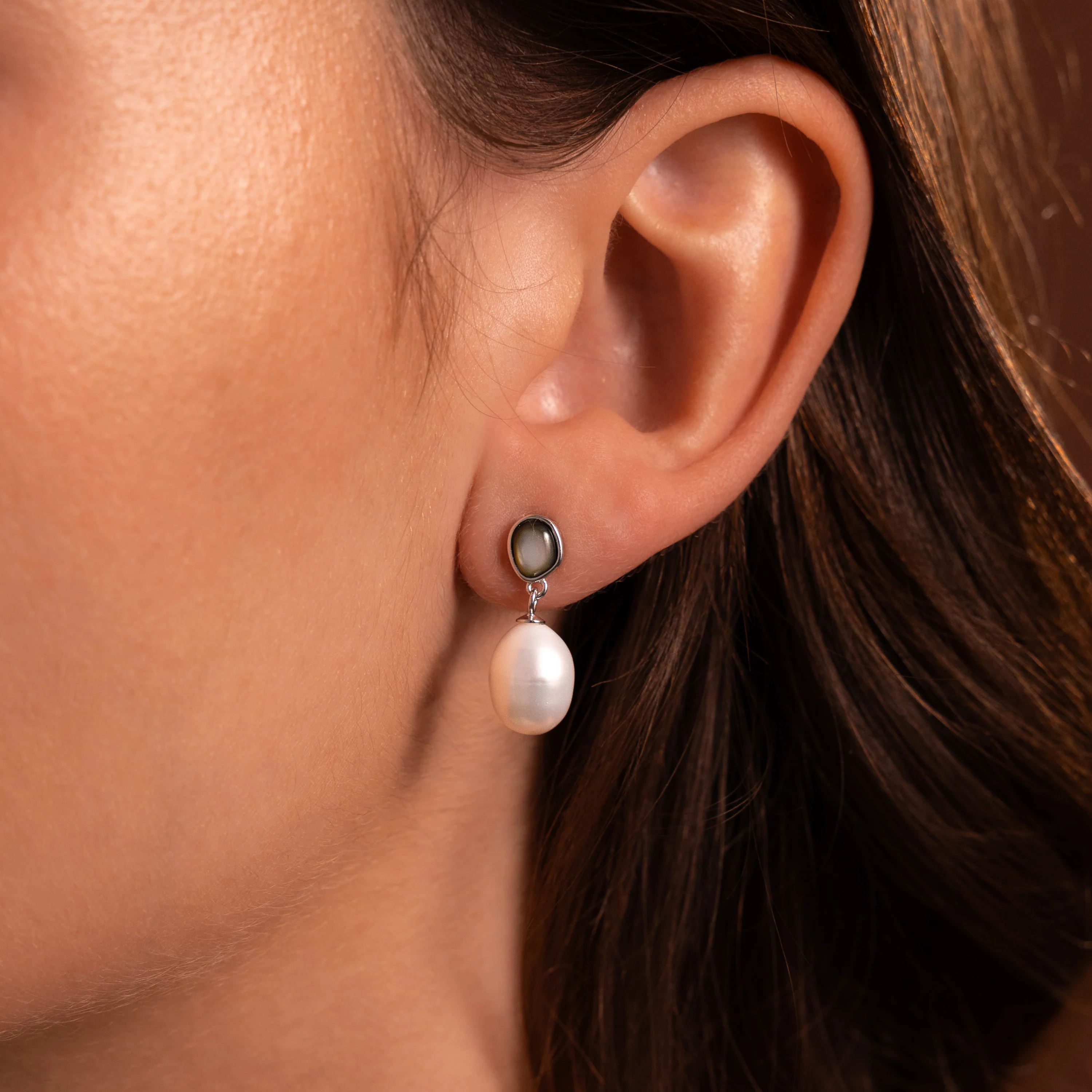 Midnight Pearl Drop Earrings in Silver - Image 2