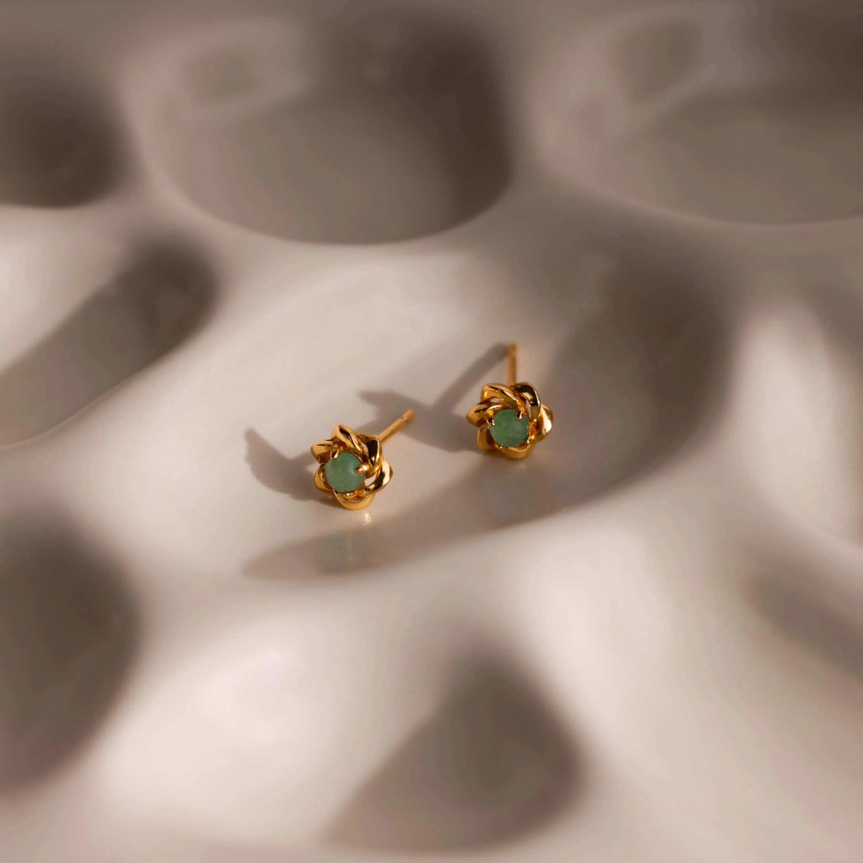 Mini Jade Flower Studs in 18K Gold
