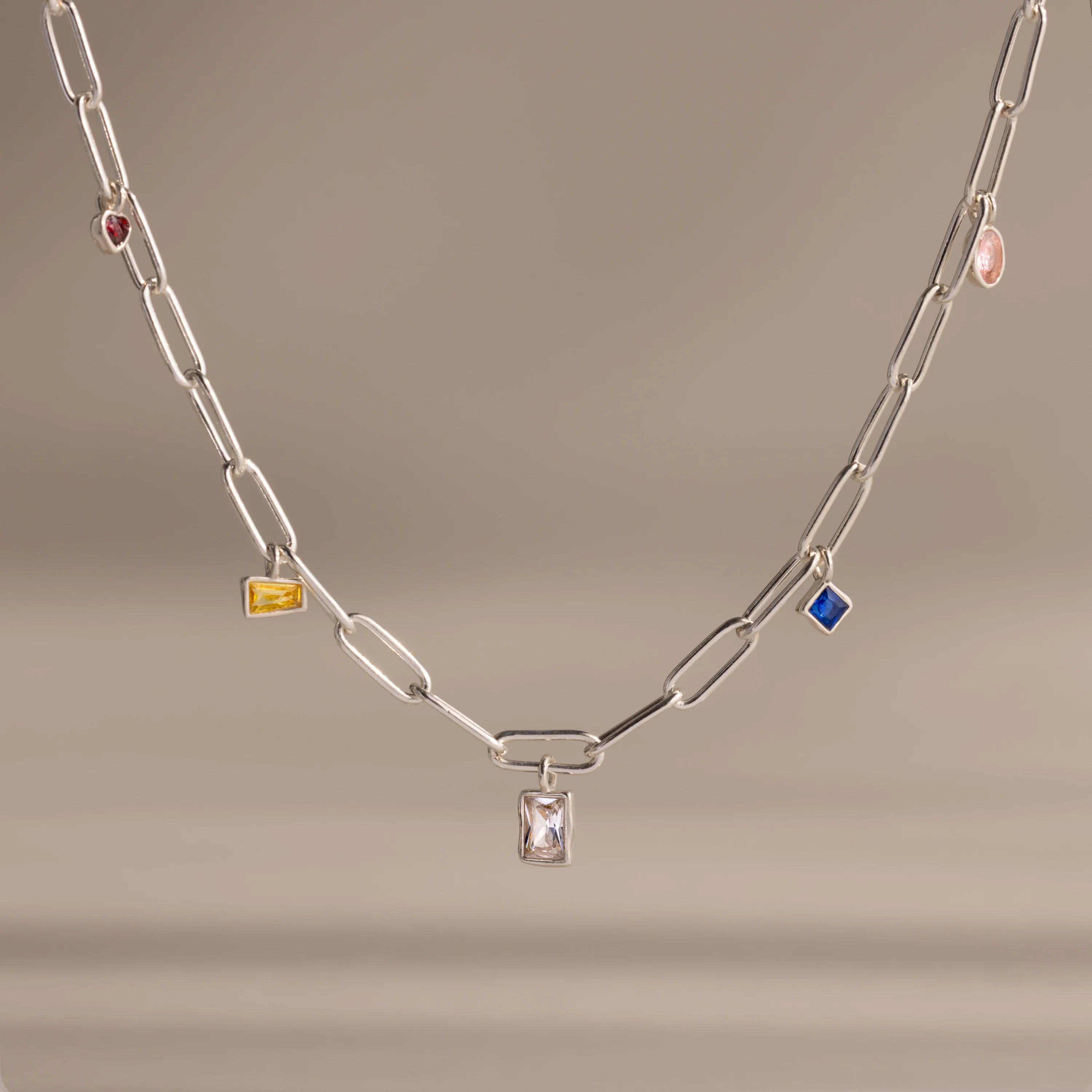 Mixed Birthstone Charm Necklace in Silver