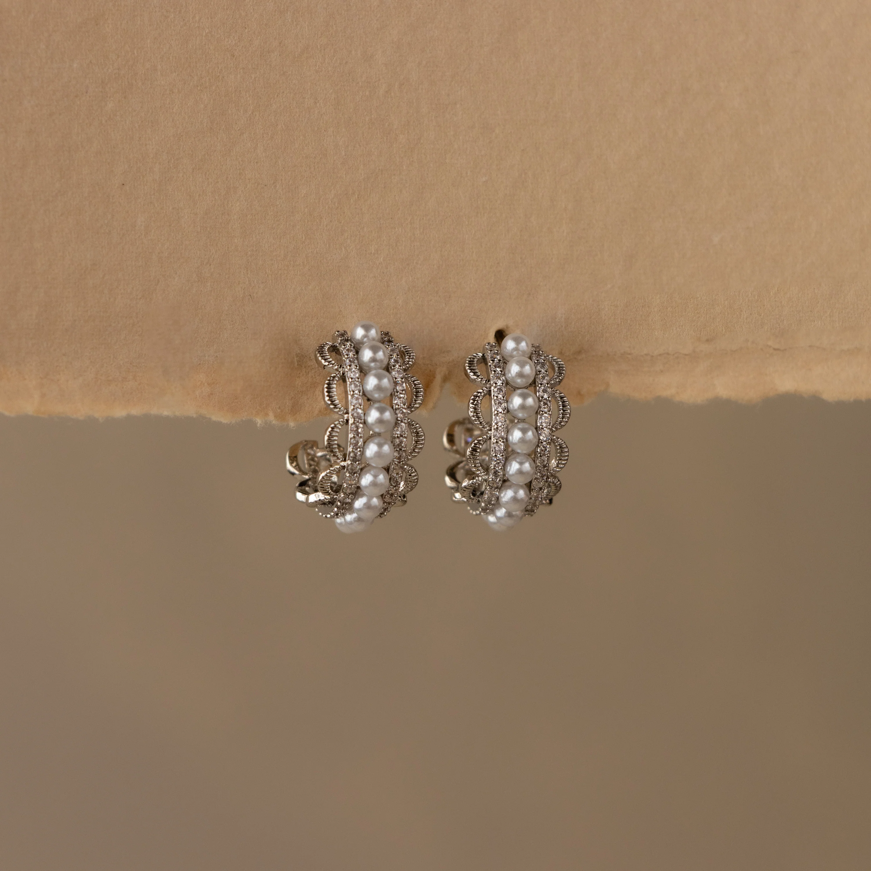 Opulent Diamond Pearl Hoop Studs in Silver
