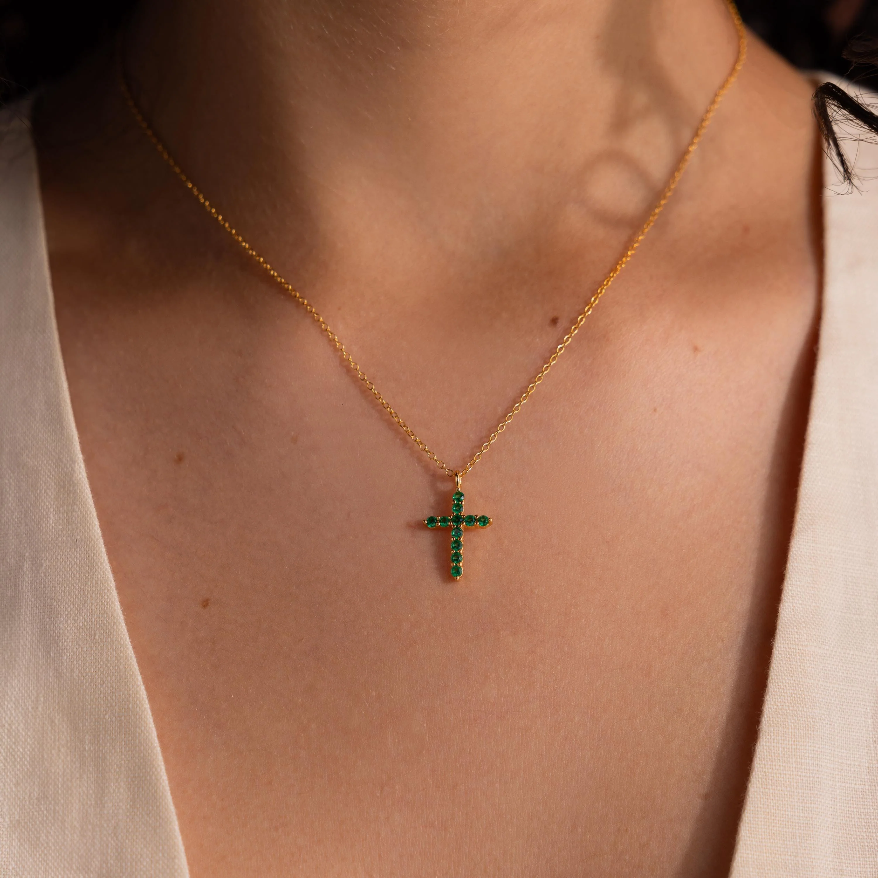 Pave Emerald Cross Necklace in 18K Gold - Image 2