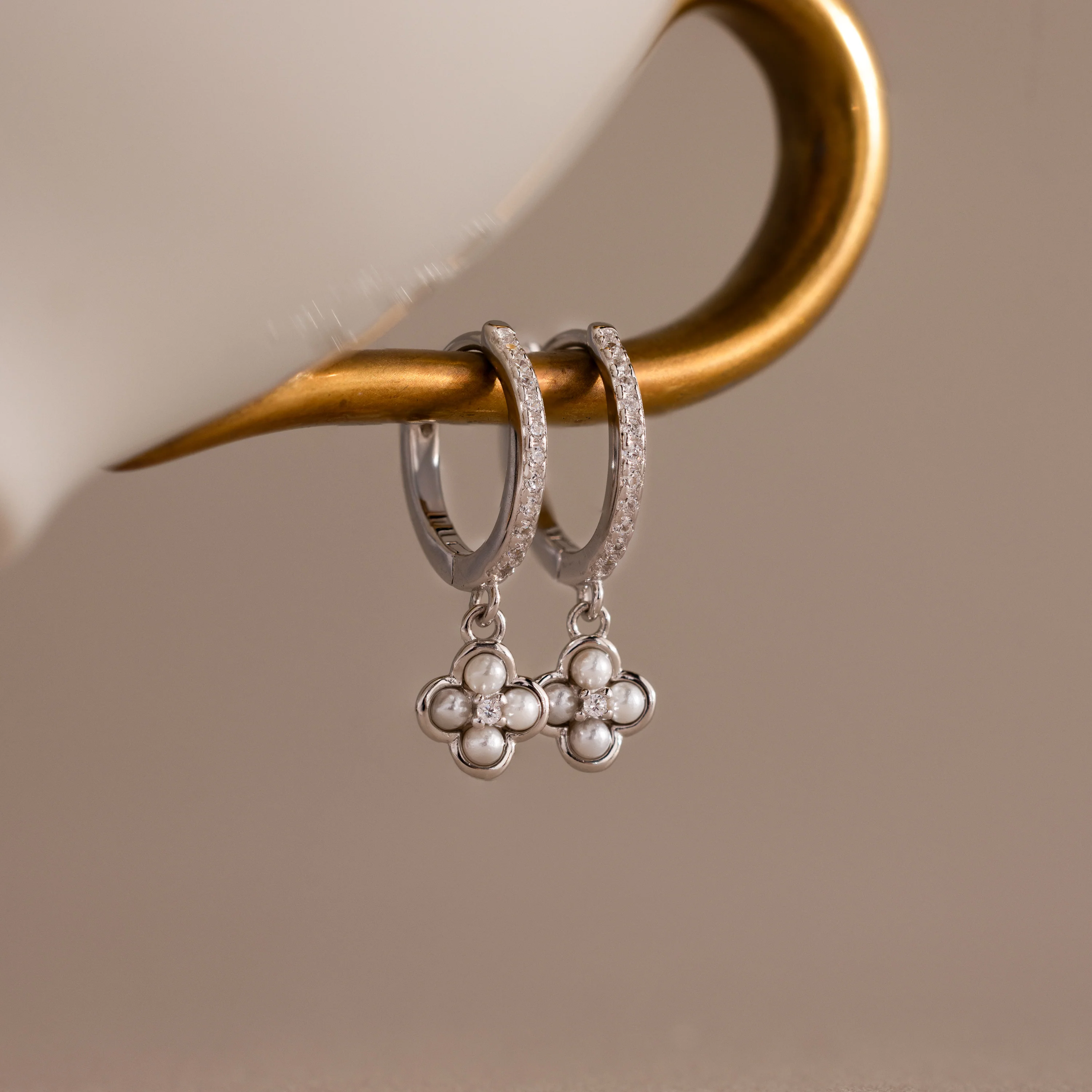 Pave Rounded Pearl Flower Hoops in Silver