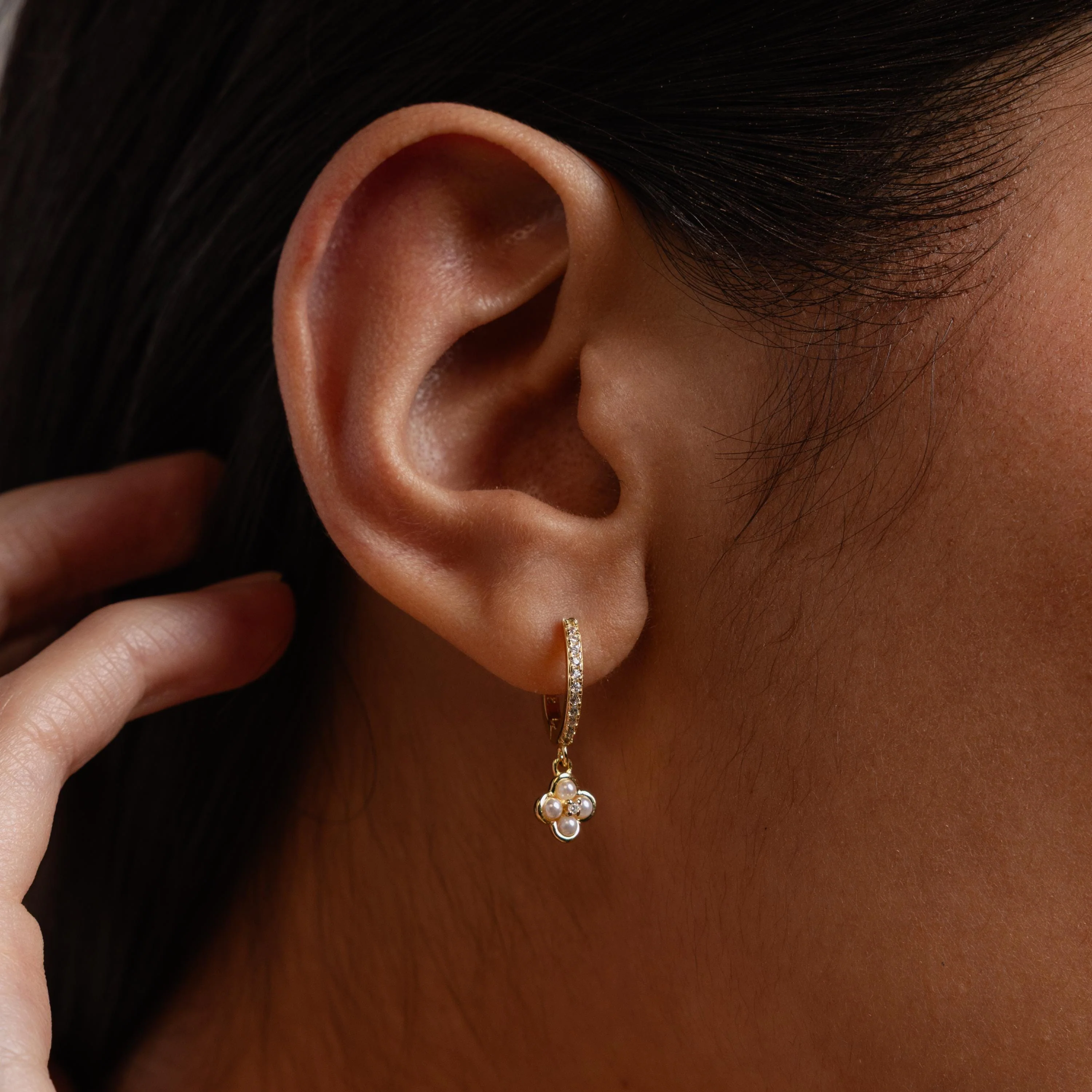 Pave Rounded Pearl Flower Hoops in 18K Gold - Image 2