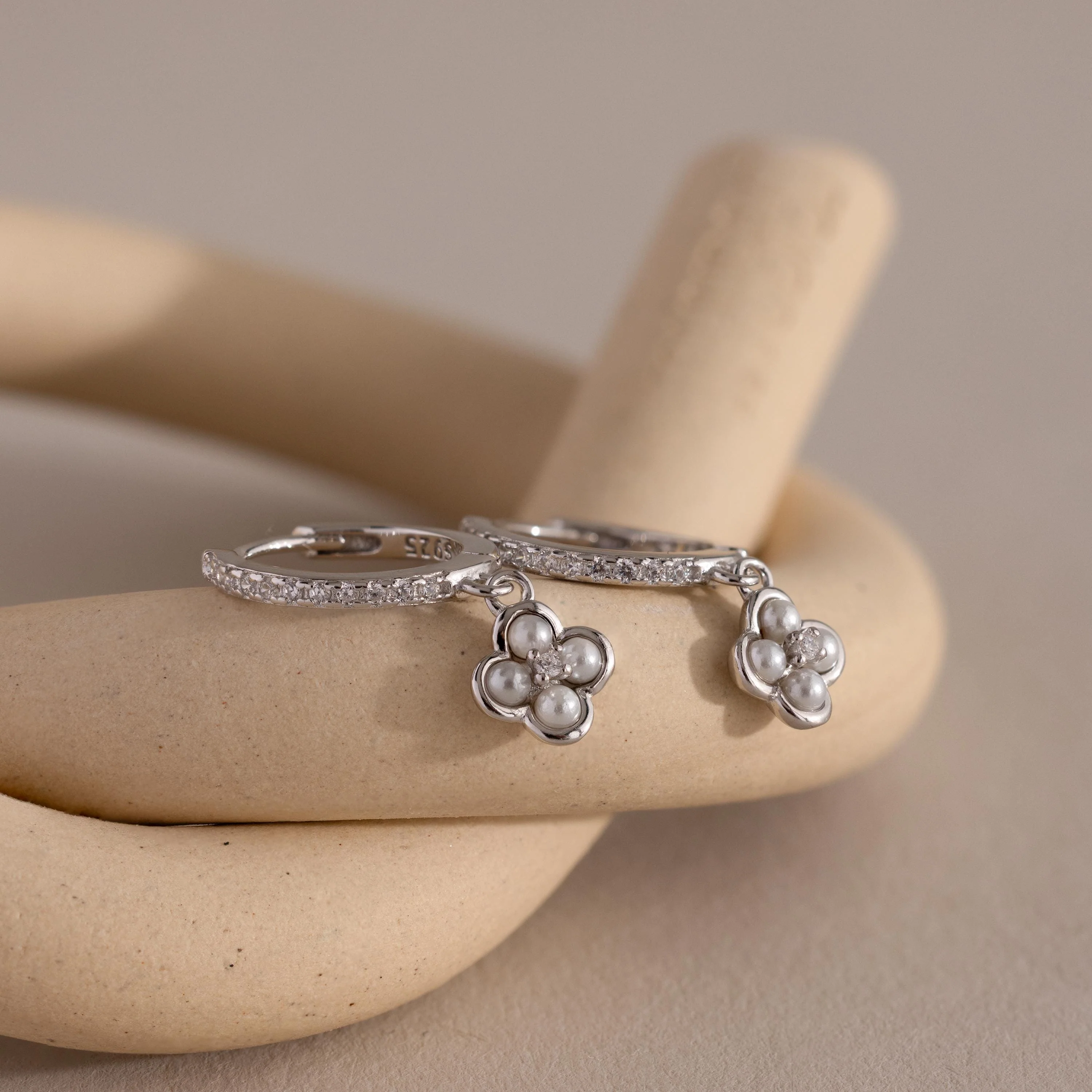 Pave Rounded Pearl Flower Hoops in Silver - Image 3