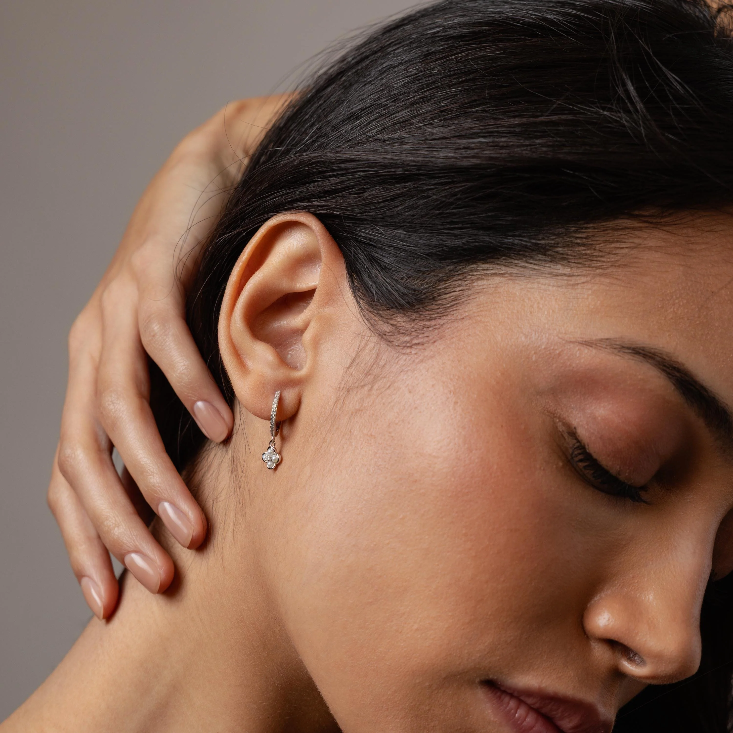Pave Rounded Pearl Flower Hoops in Silver - Image 4