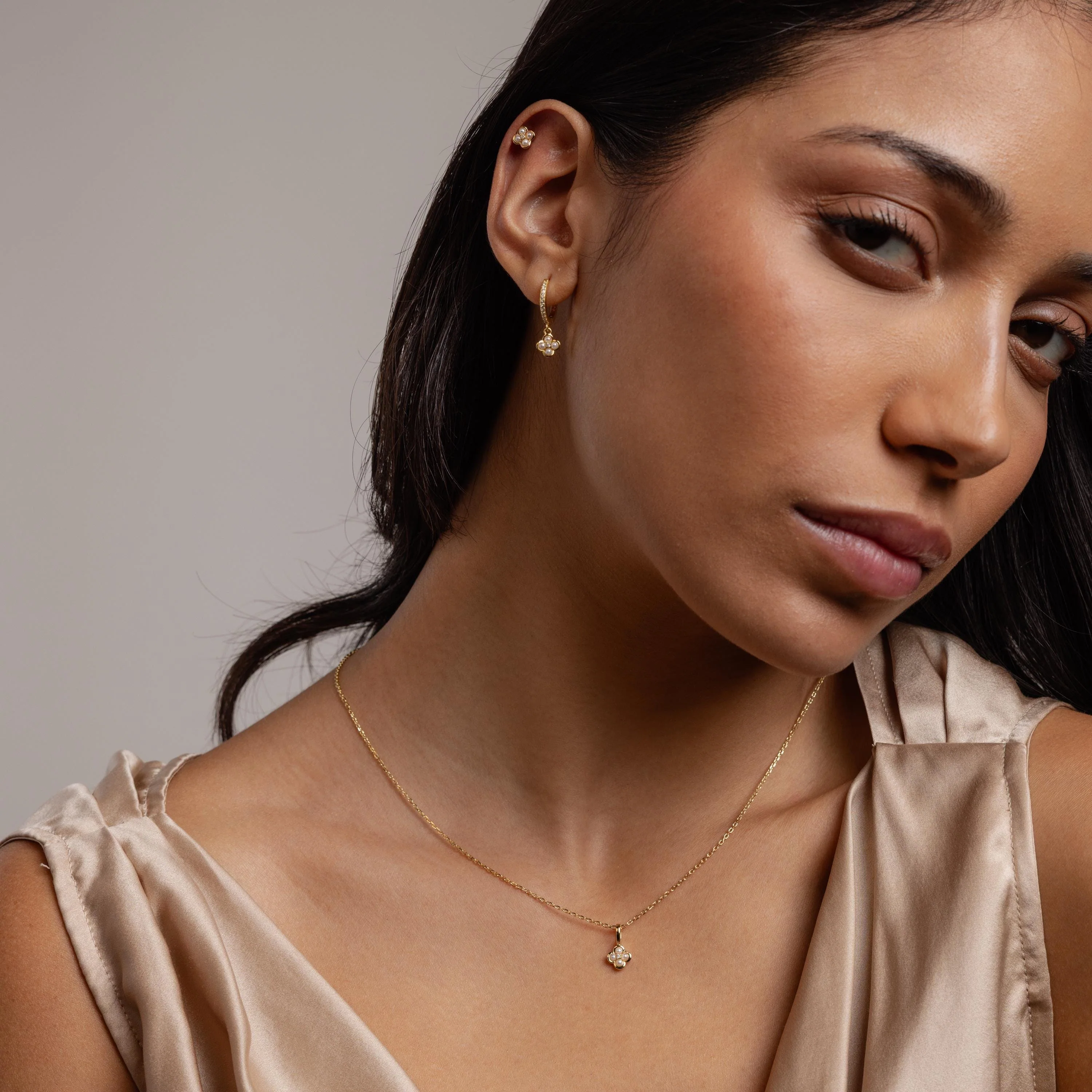 Pave Rounded Pearl Flower Hoops in 18K Gold - Image 6