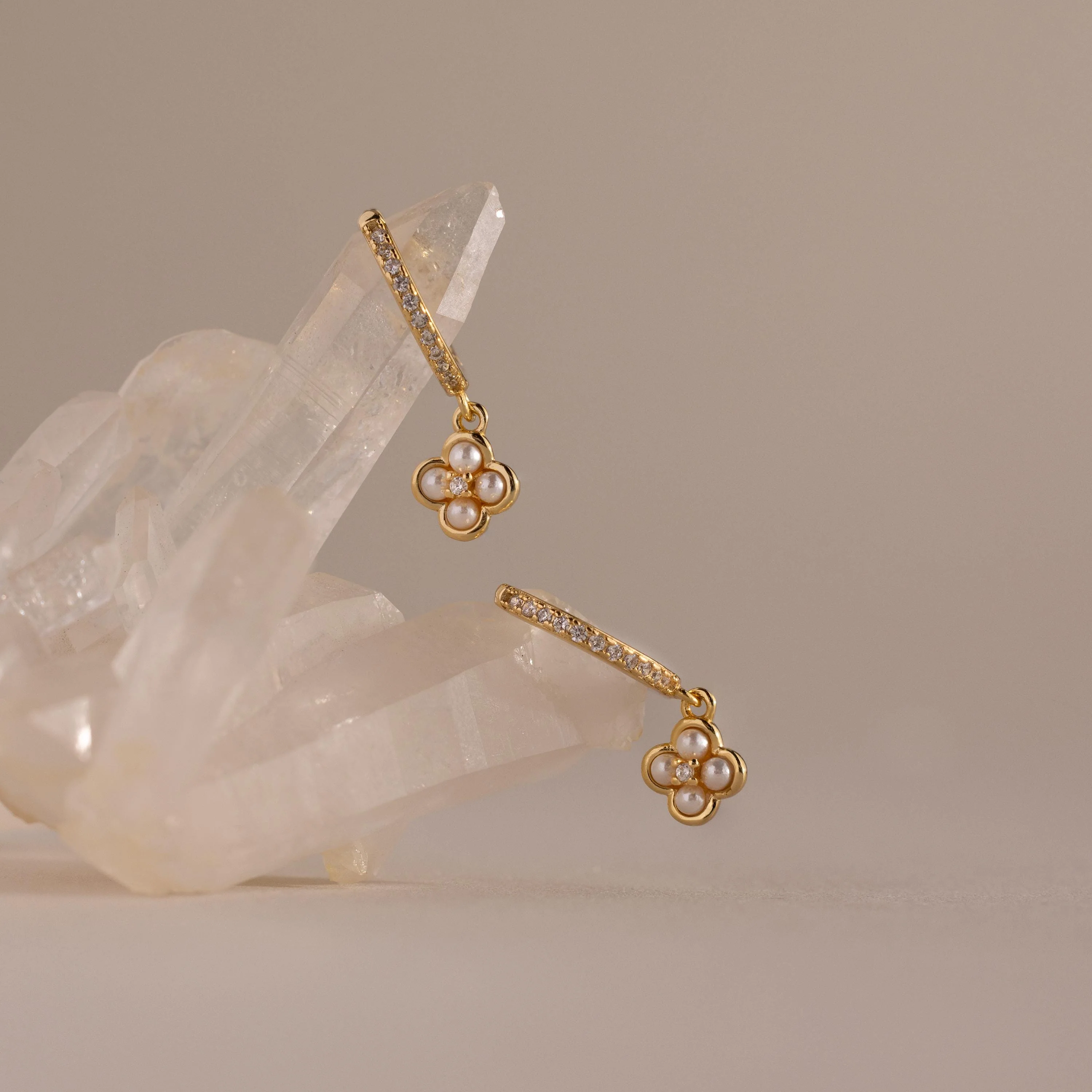Pave Rounded Pearl Flower Hoops in 18K Gold - Image 5