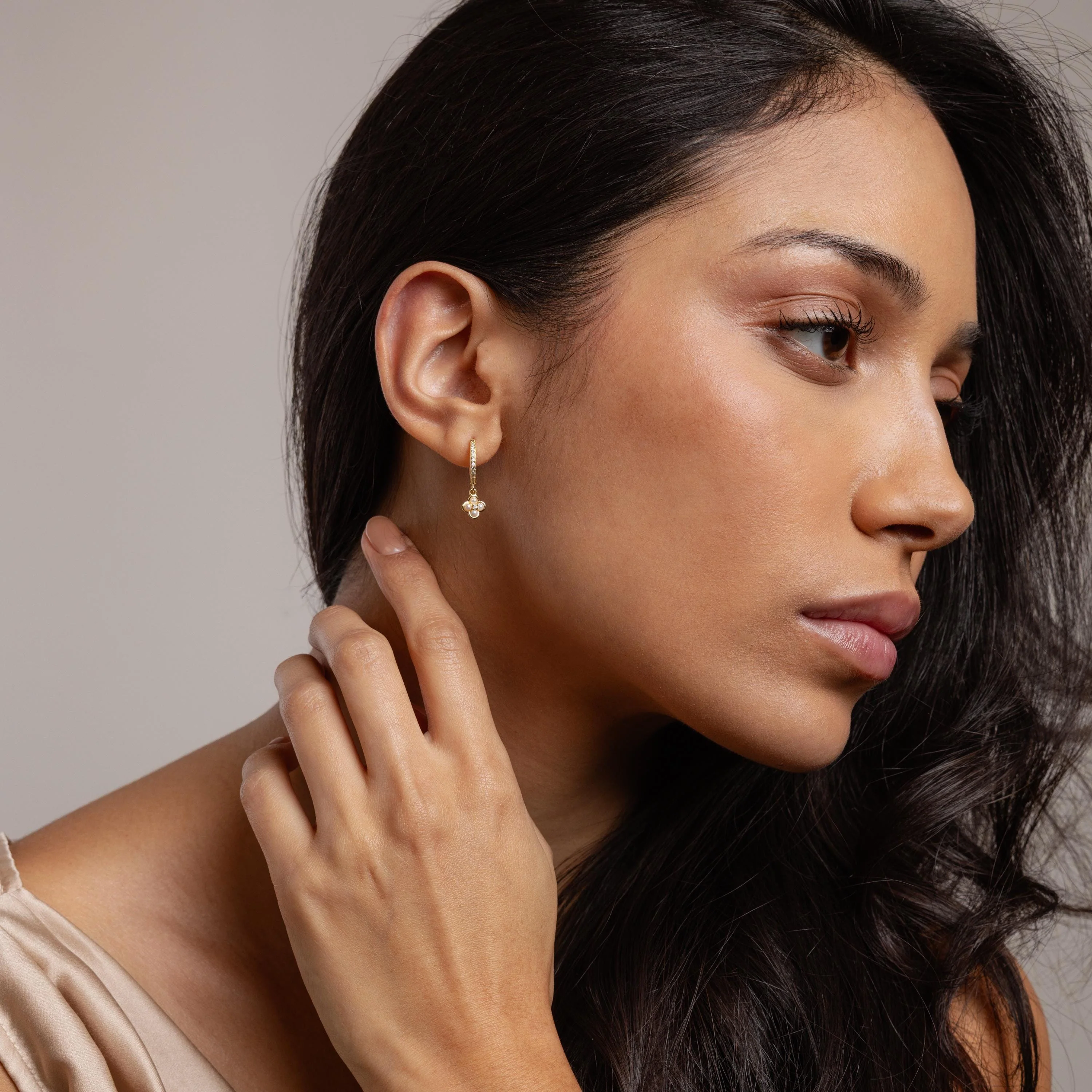 Pave Rounded Pearl Flower Hoops in 18K Gold - Image 4