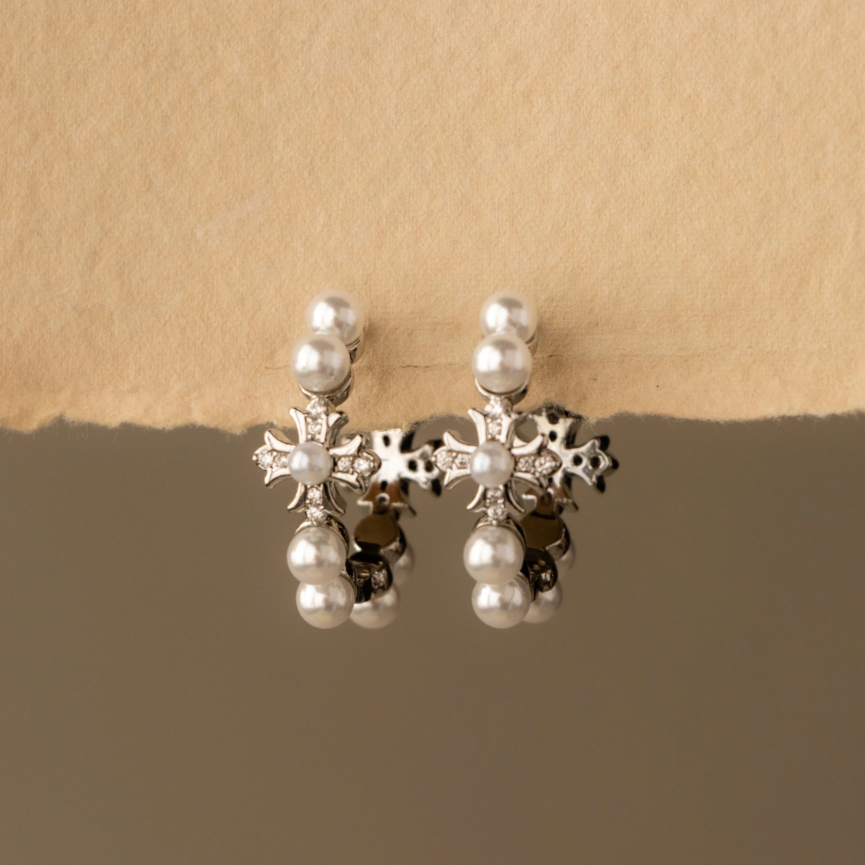 Pearl Cluster Cross Huggies in Silver