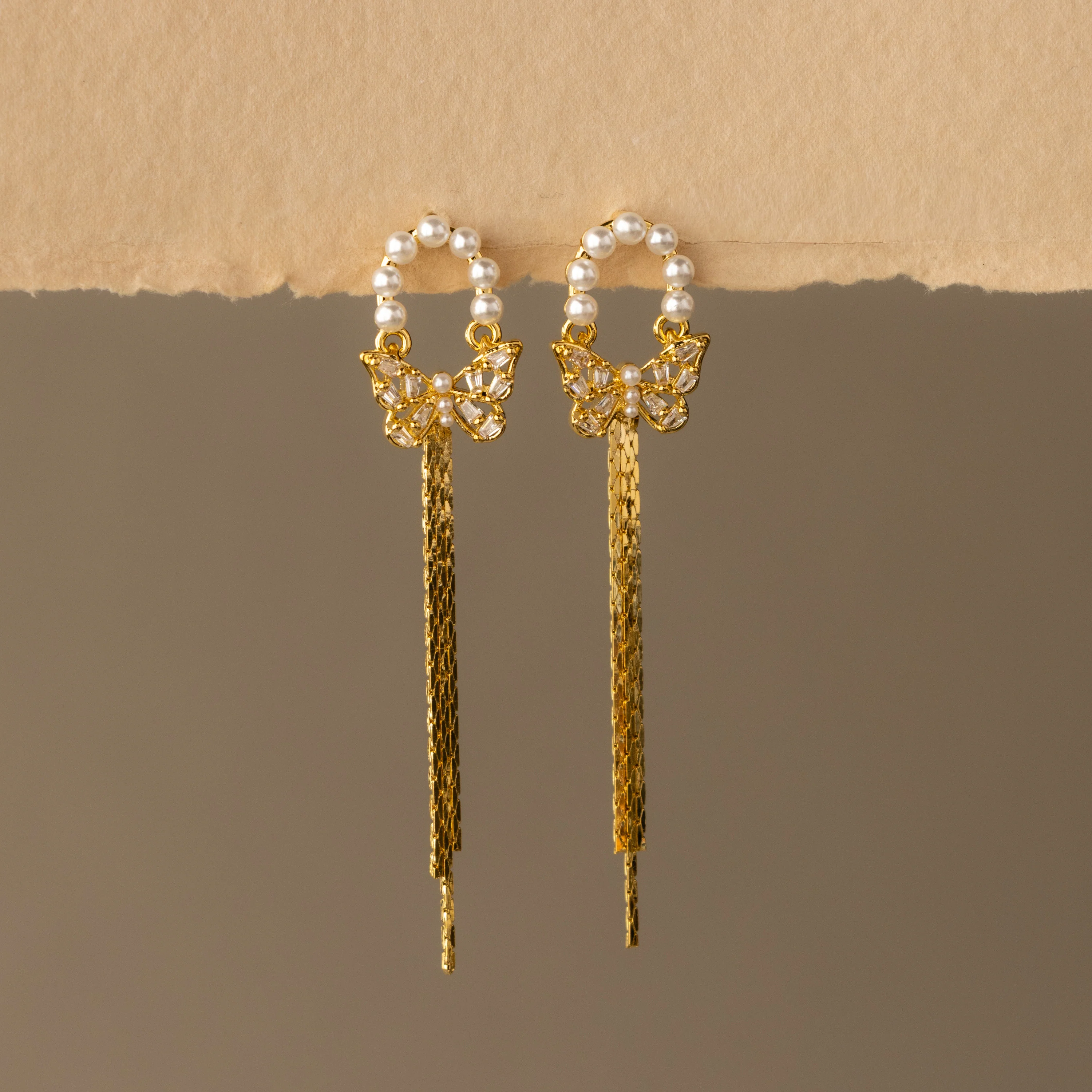 Pearl Diamond Butterfly Chain Studs