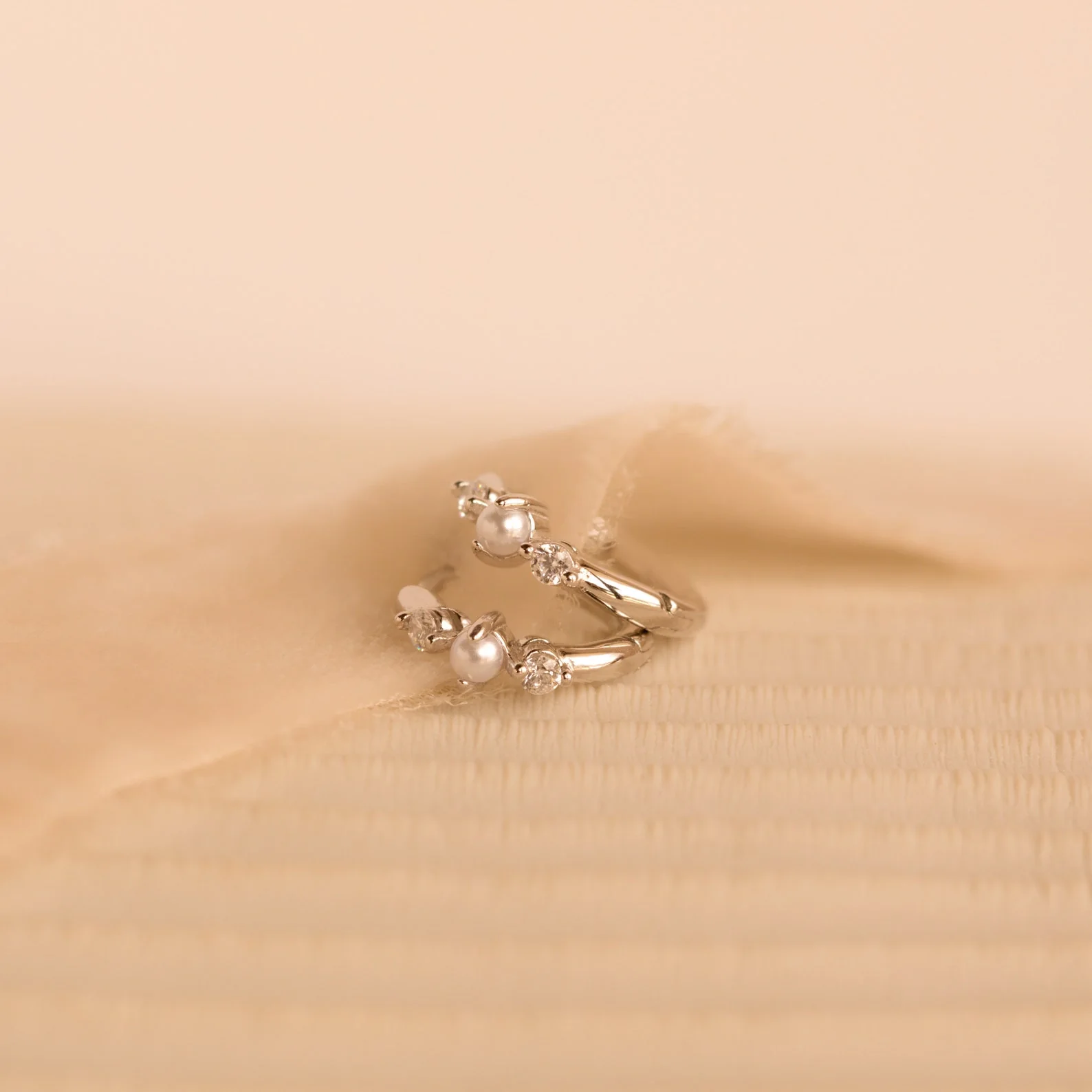 Pearl Diamond Huggies in Silver - Image 5