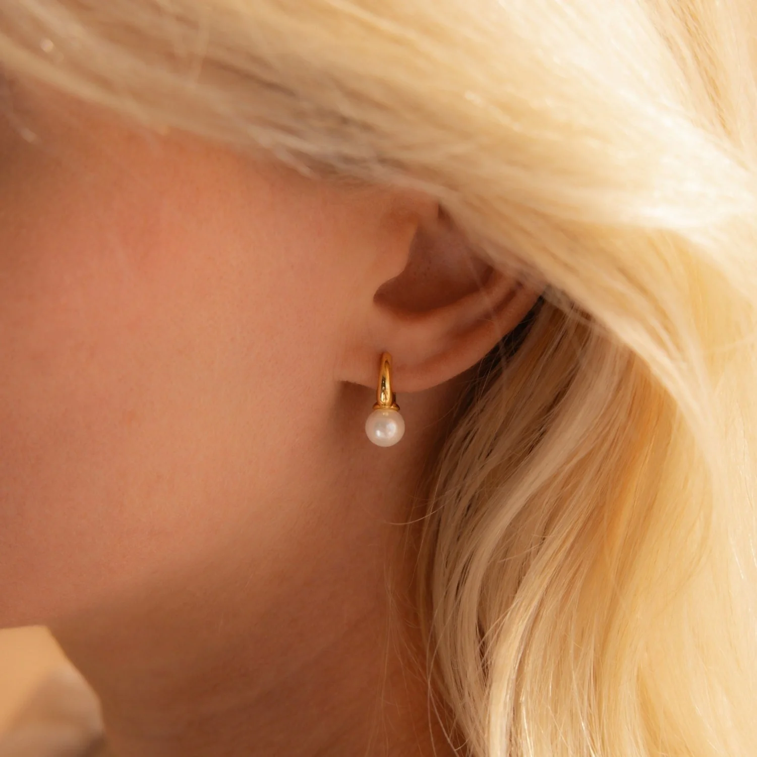 Pearl Drop Huggies in 18K Gold - Image 2