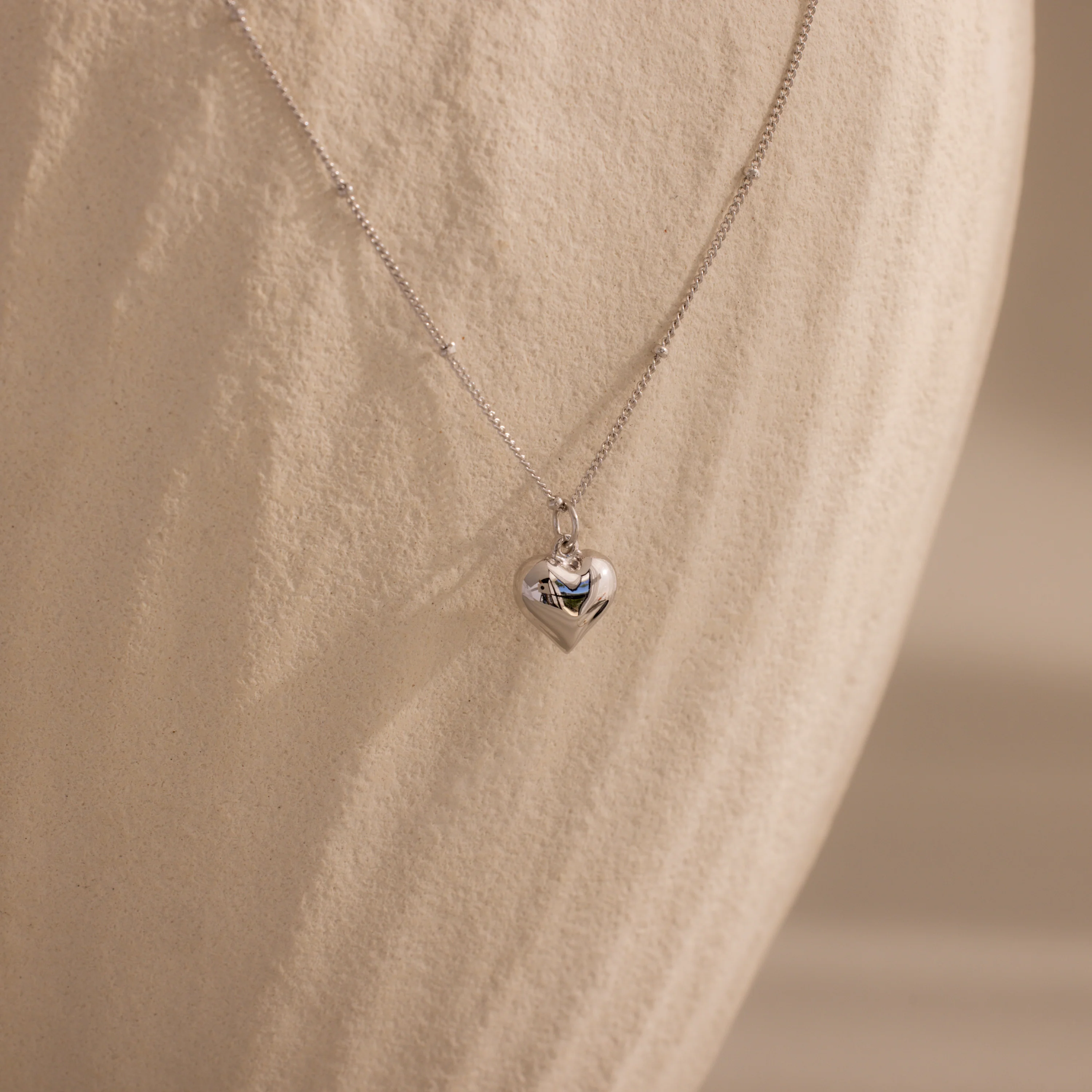 Puff Heart Charm Necklace in Silver