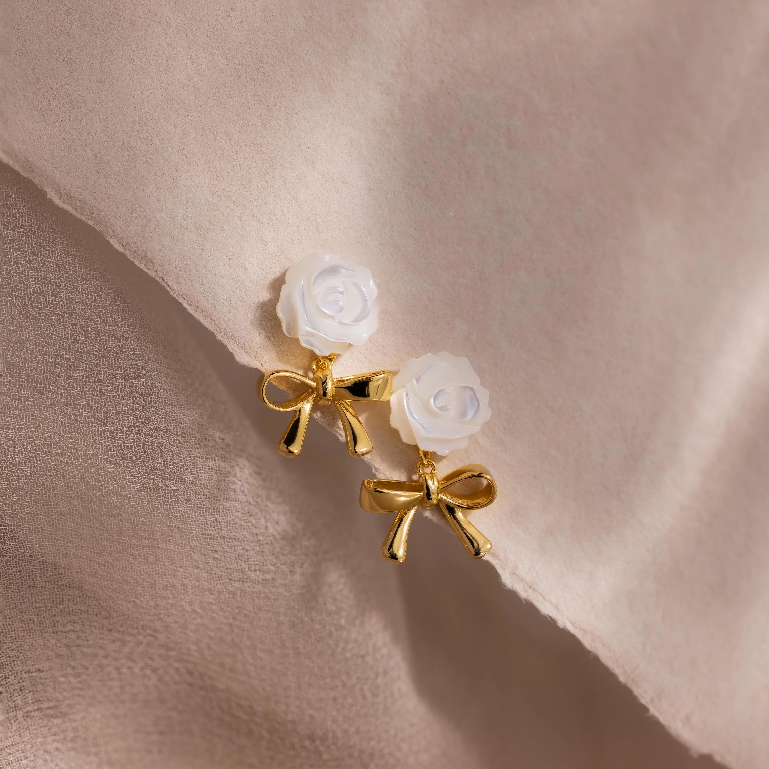 Pearl Rose Ribbon Studs in 18K Gold