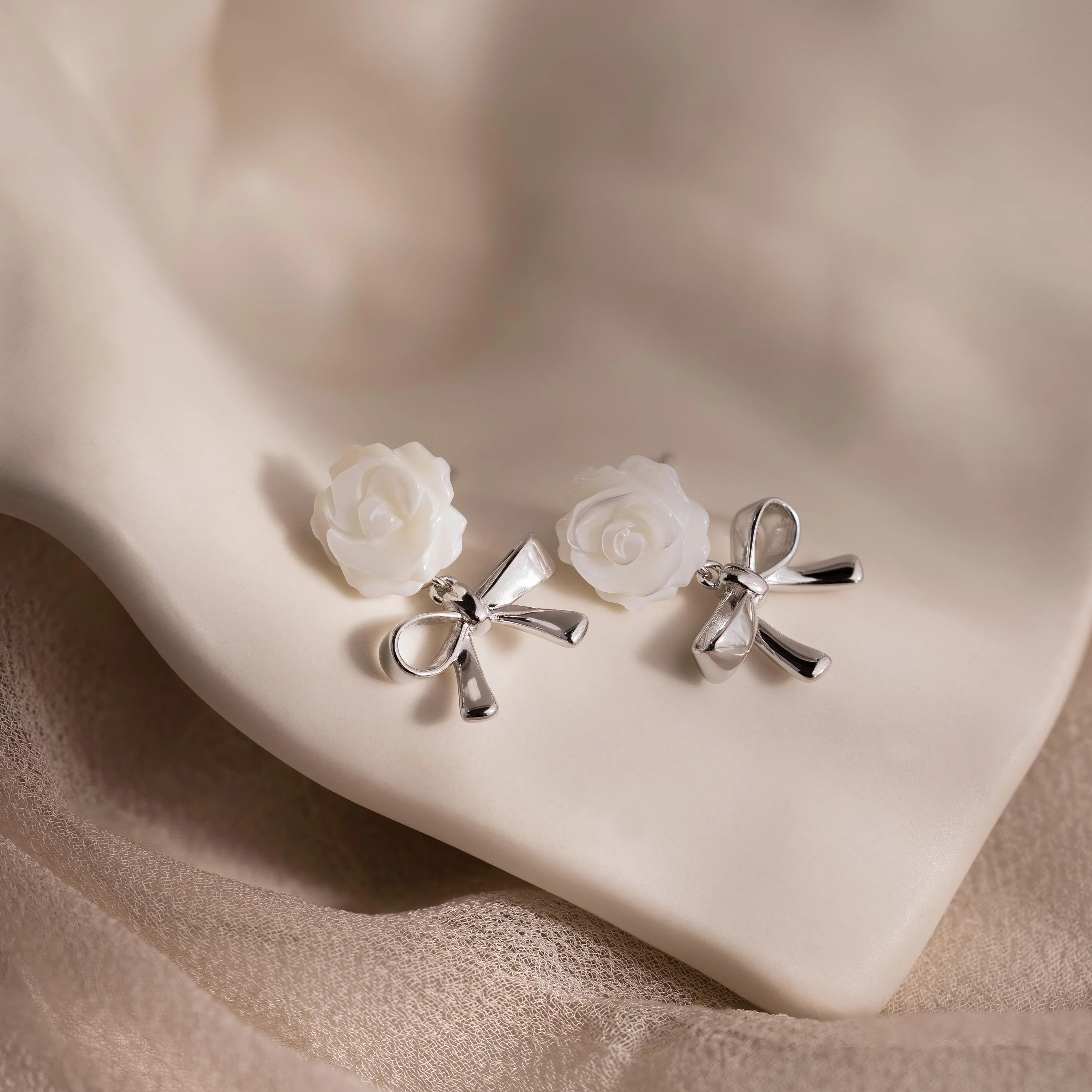 Pearl Rose Ribbon Studs in Silver