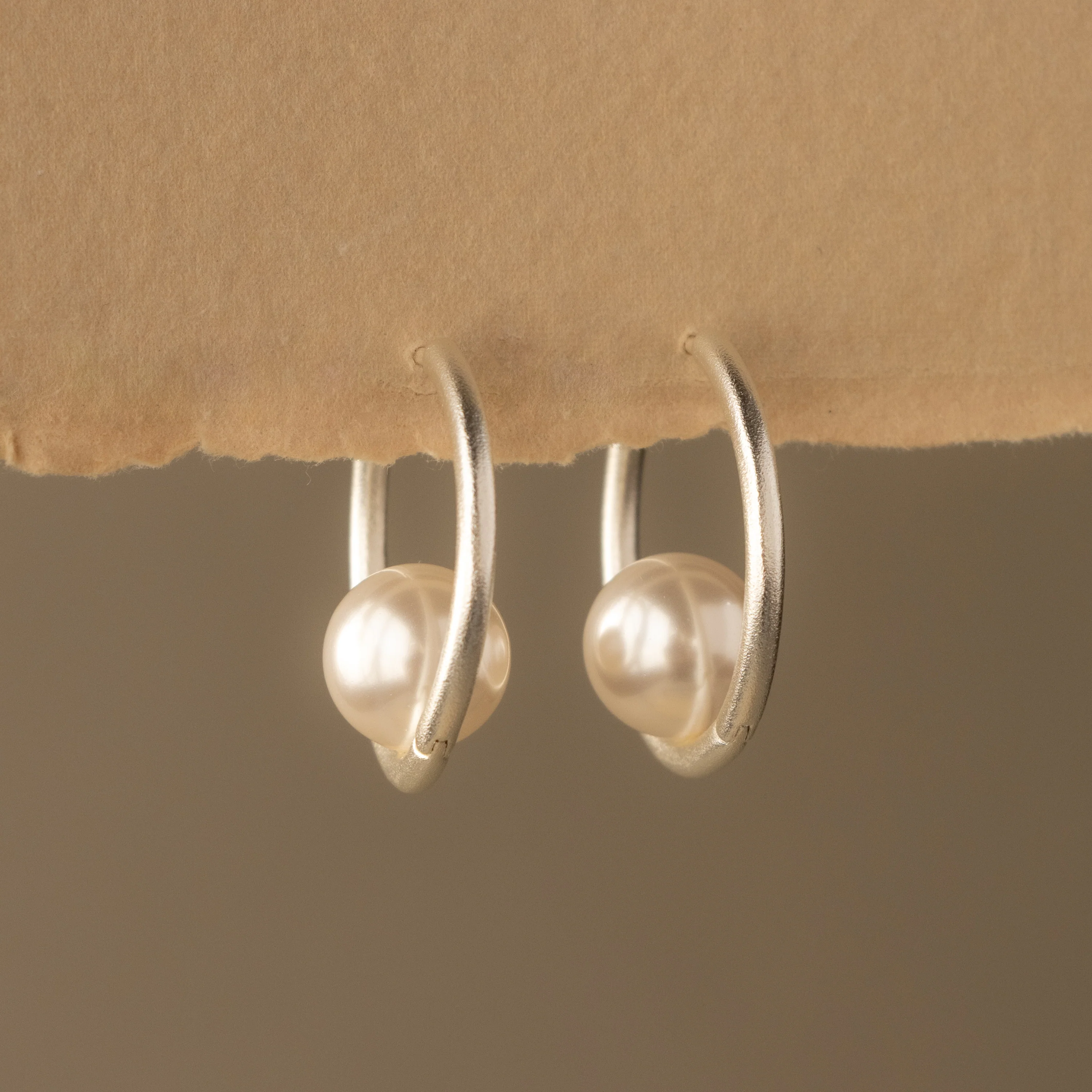Round Pearl Charm Hoops in Silver