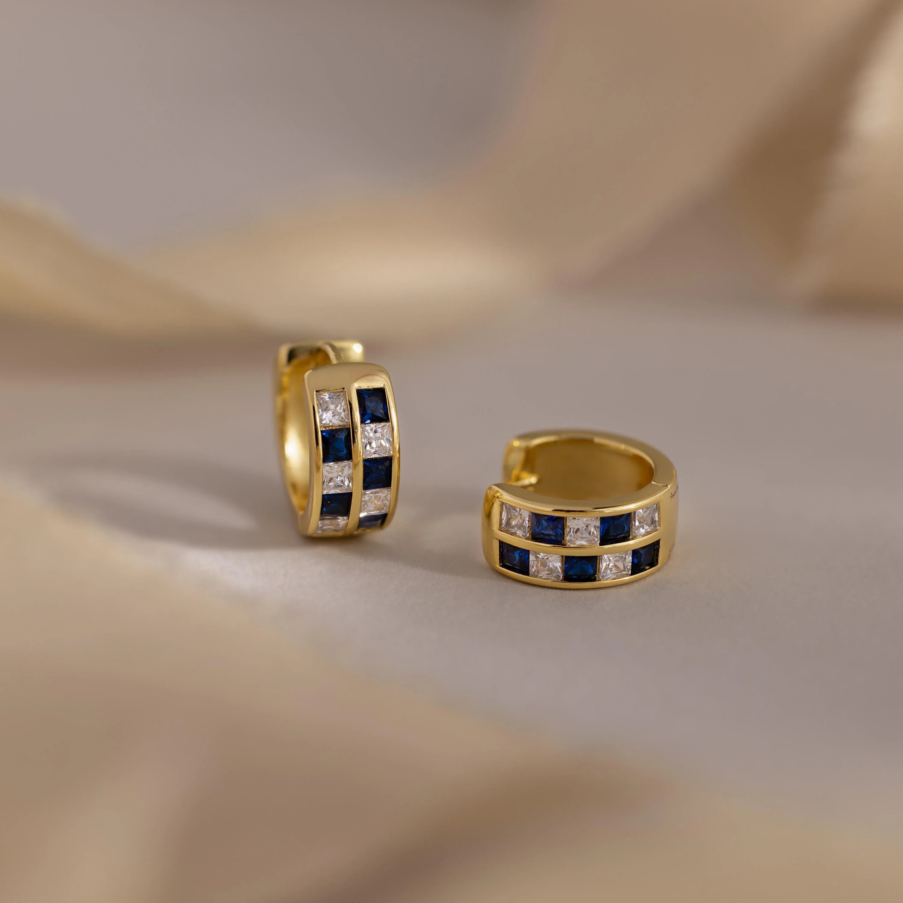 Royal Blue Checkered Huggies in 18K Gold