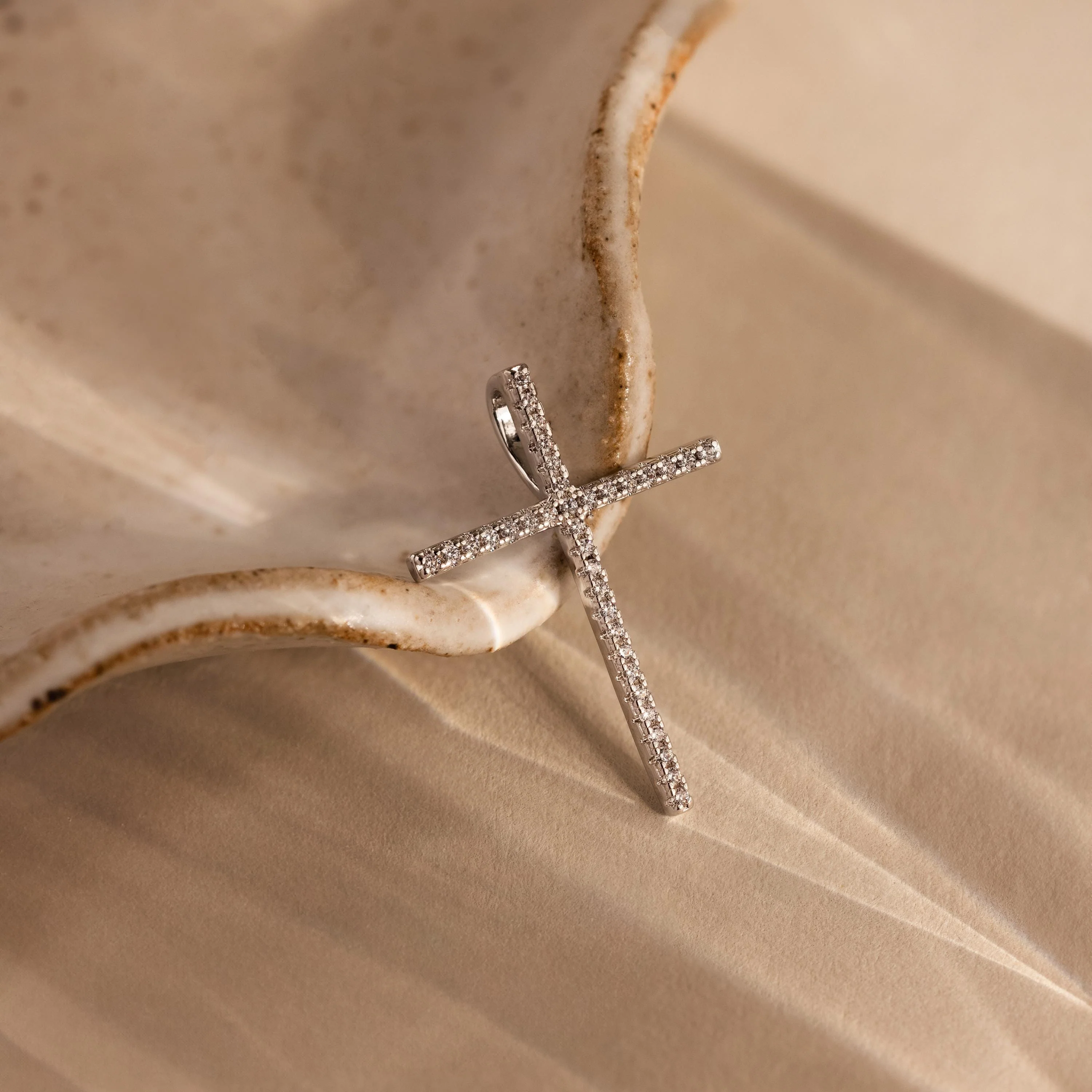 Skinny Pave Cross Charm in Silver