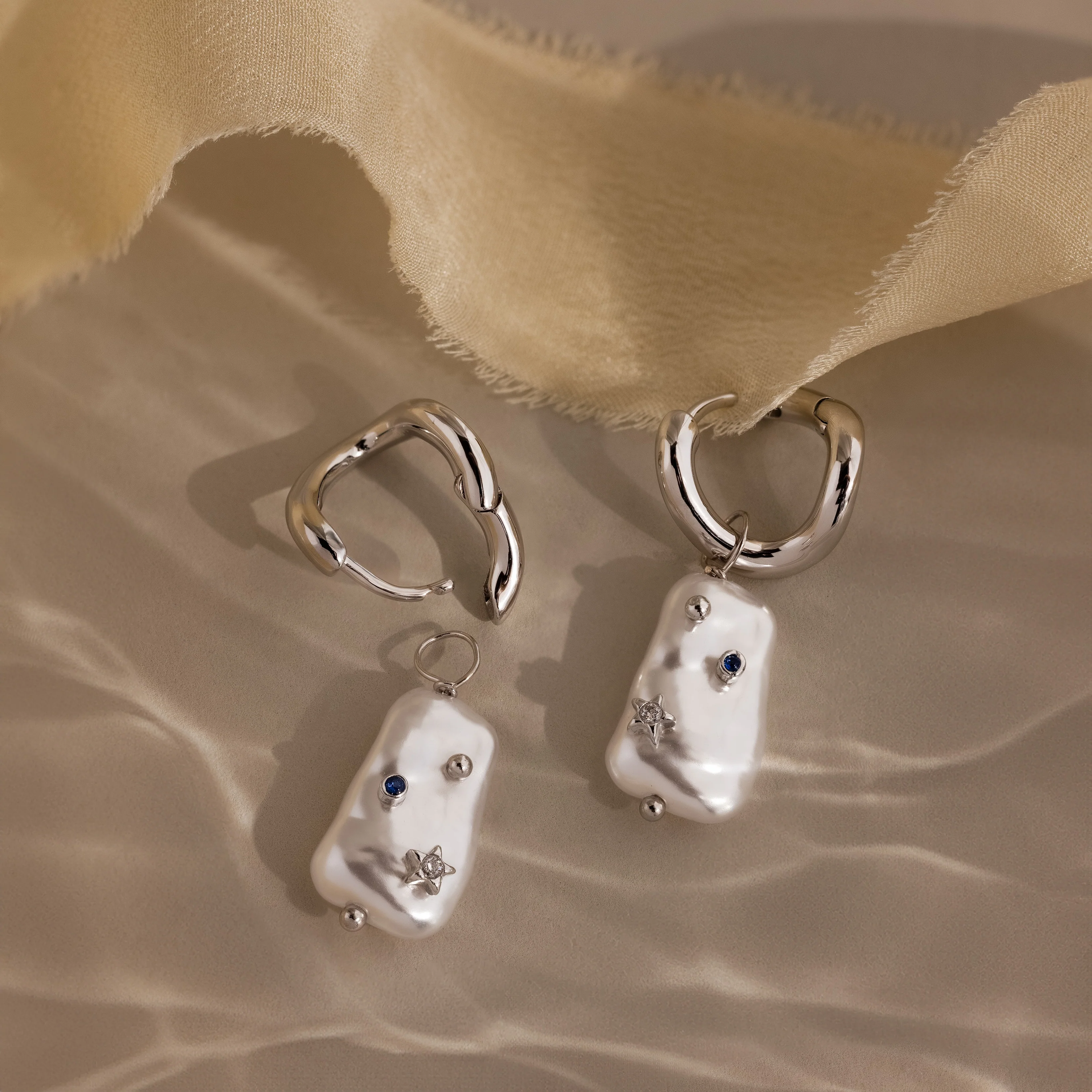 Starry Baroque Pearl Charm Hoops in Silver